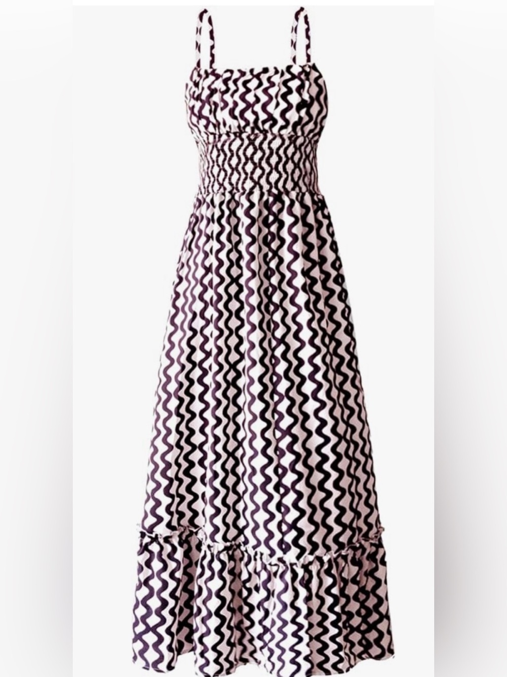 Wavy Print Smocked Maxi Dress in Black & Cream. NWOT - Picture 3 of 6